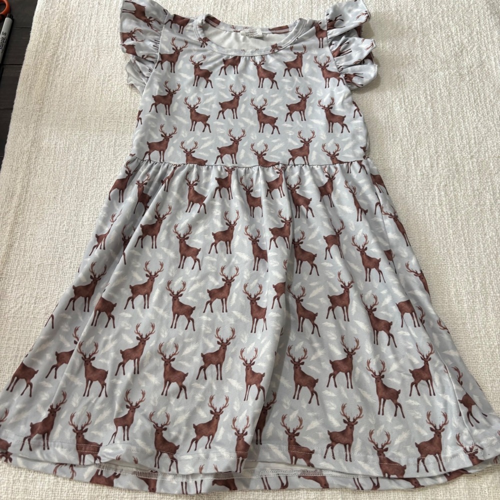 Kids XL 5-6T Reindeer Print Ruffle Sleeve Dress Blue Grey Woodland Holiday
